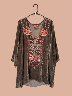 Johnny Was Olive Brown Velvet Tunic with Red Floral Embroidery